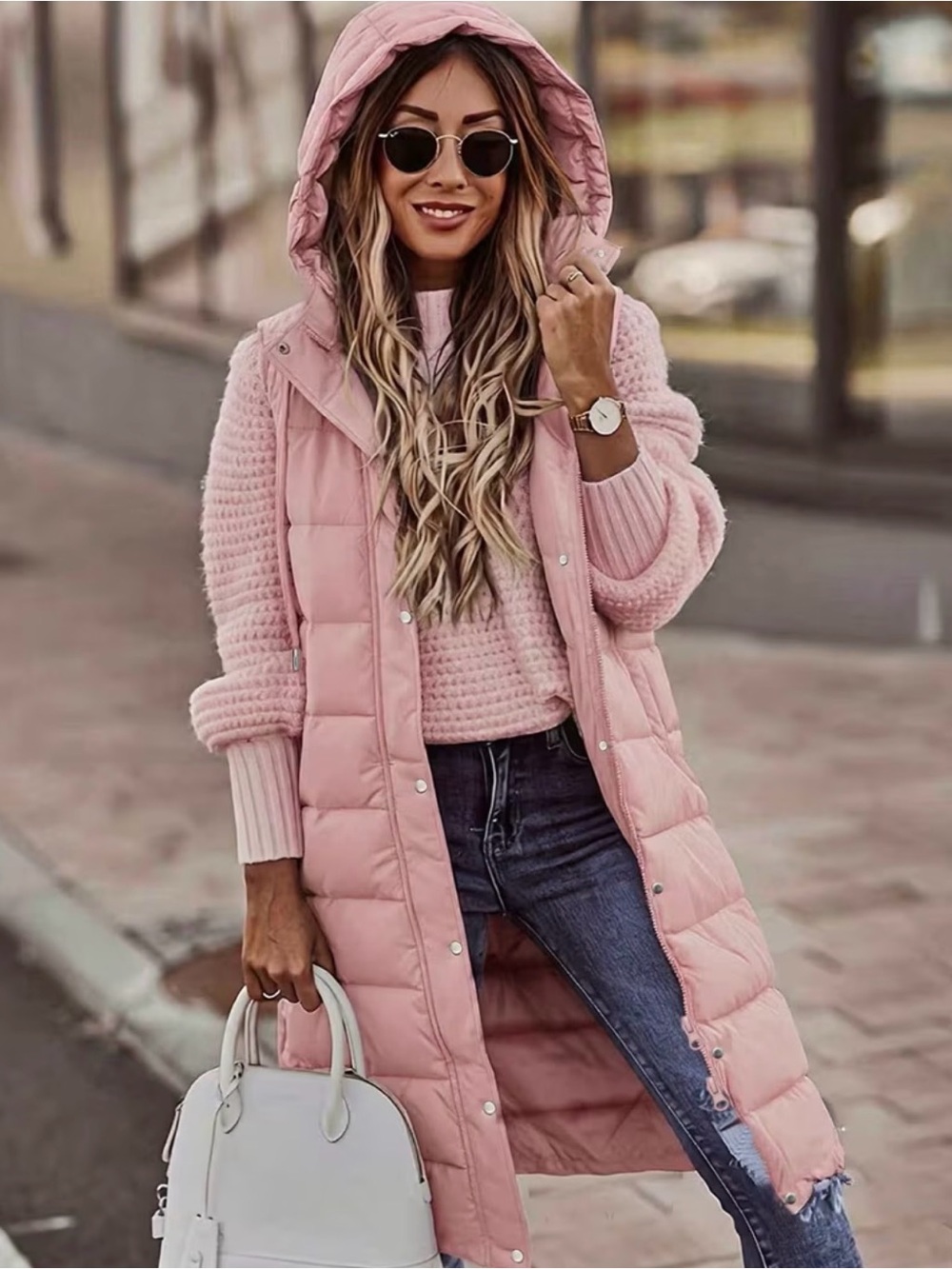 New Pink or Blue Long Hooded Puffer Vest Large